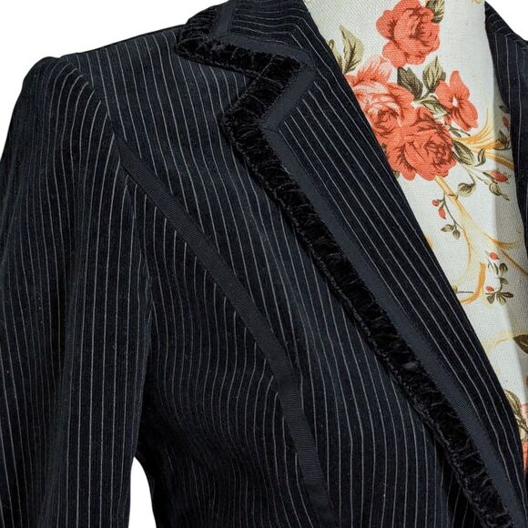 Cynthia Steffe Sz Small Black Jacket Velvet Trim Fitted Gray Pinstripe Career - Picture 2 of 11